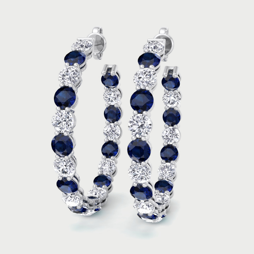 Alternating Lab Grown Blue Sapphire and Diamond Inside Out Hoop Earrings