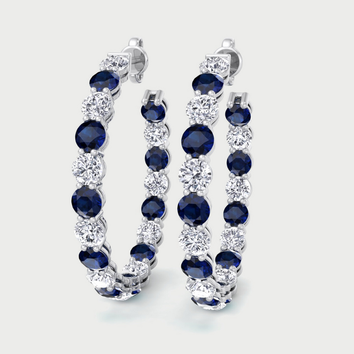 Alternating Lab Grown Blue Sapphire and Diamond Inside Out Hoop Earrings