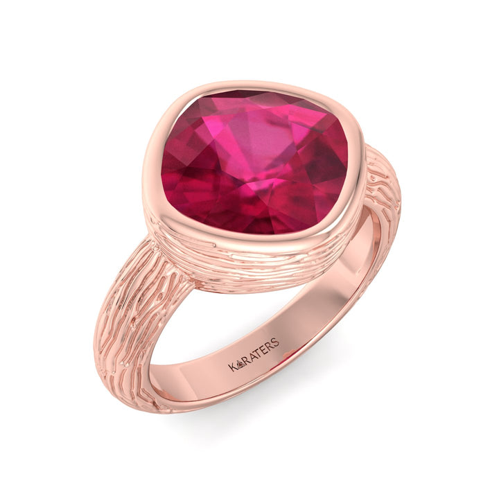 Amalfi-Cushion Cut Solitaire Lab Grown Ruby Rose Gold Ring, Top Down 