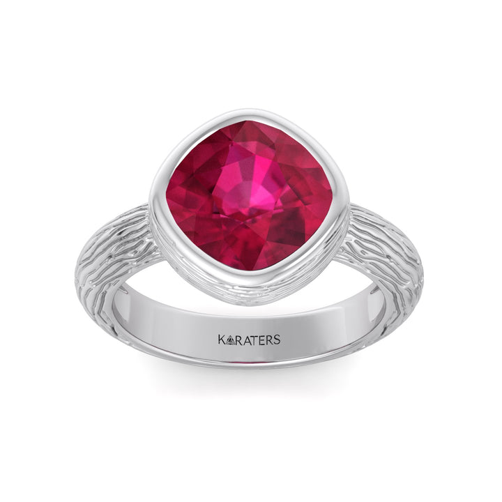 Amalfi Cushion Cut Solitaire Lab Ruby Ring White Gold, Top Down Front