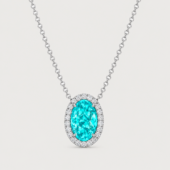 Oval Shape Halo Paraiba Tourmaline Lab Grown Diamond Pendant