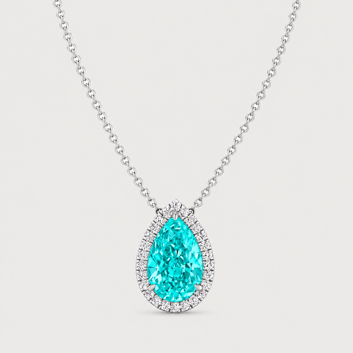 Pear Shape Halo Paraiba Tourmaline Lab Grown Diamond Pendant