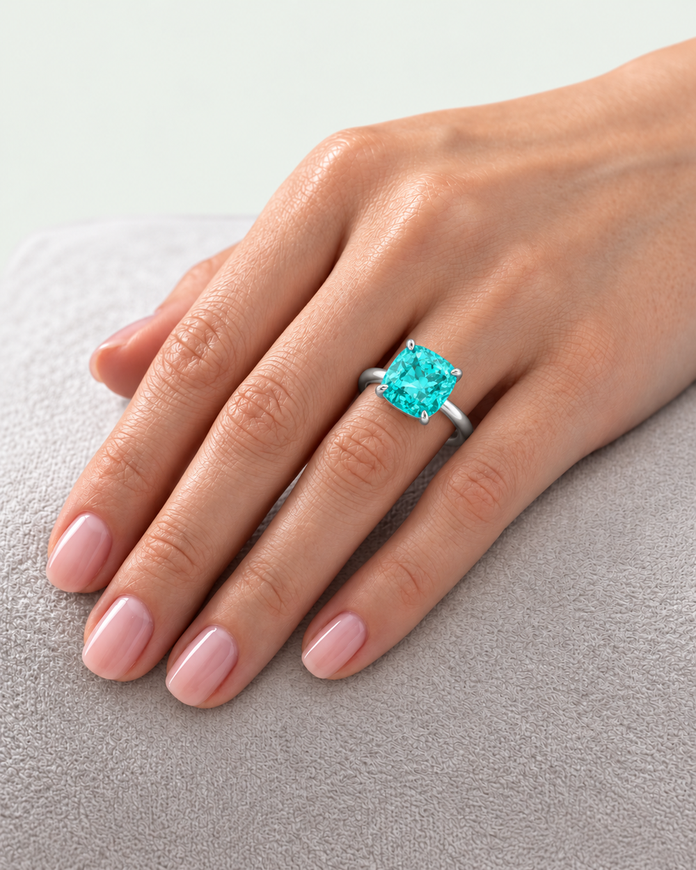 Cushion Cut Paraiba Tourmaline and Lab-Grown Diamond Engagement Ring lifestyle