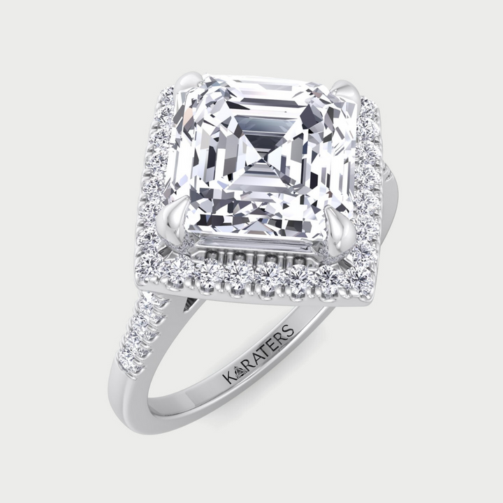 Asscher Cut Lab Grown Diamond Engagement Ring With A Halo