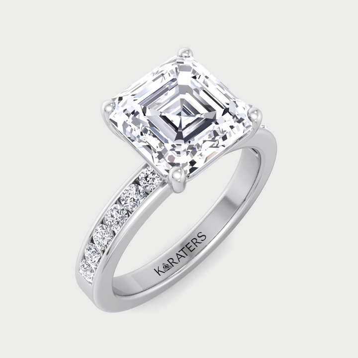 Asscher Cut Lab Grown Diamond Engagement Ring With Channel Set SideStones