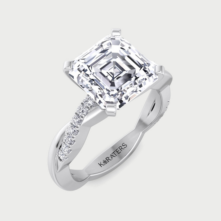 Asscher Cut Lab Grown Diamond Engagement Ring with Twist SideStone Band