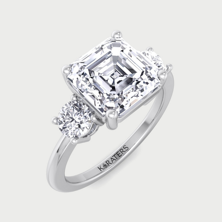 Asscher Cut Solitaire Lab Grown Diamond Engagement Ring with Round SideStones