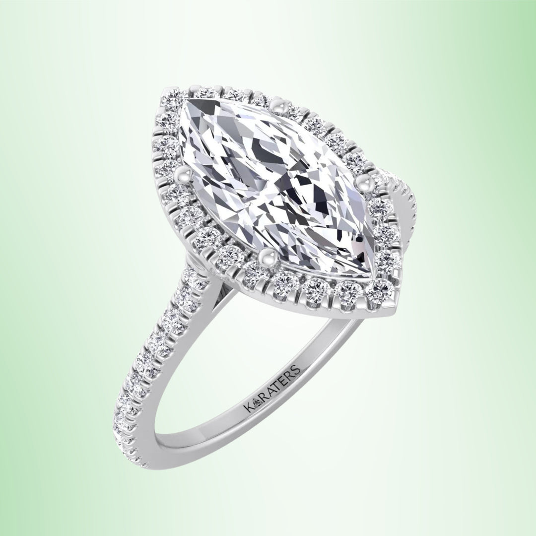 Aster-Marquise Cut Lab Grown Diamond Engagement Ring with SideStones & Halo