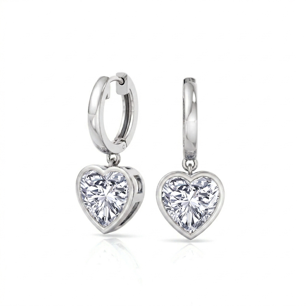 Bezel Set Heart Shape Lab Grown Diamond Dangle Earrings WG