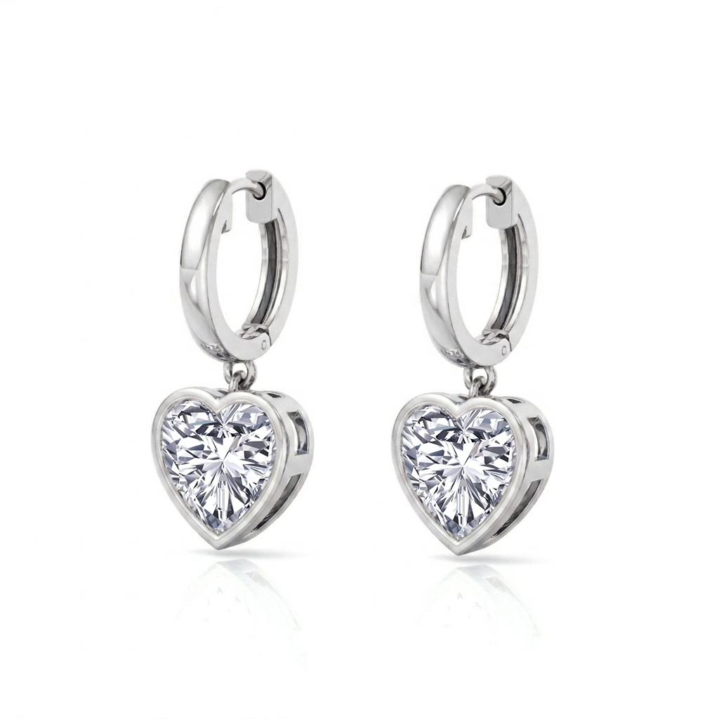 Bezel Set Heart Shape Lab Grown Diamond Dangle Earrings WG 2