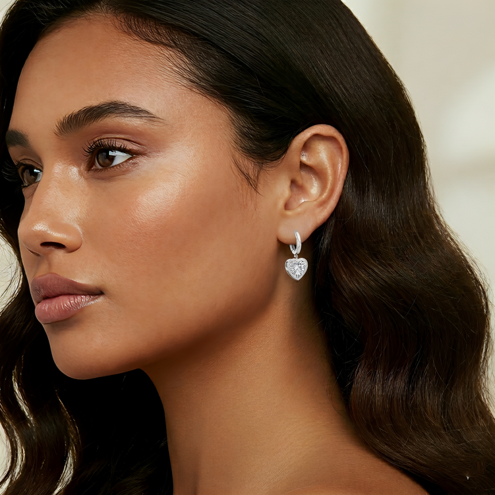 Bezel Set Heart Shape Lab Grown Diamond Dangle Earrings Lifestyle WG