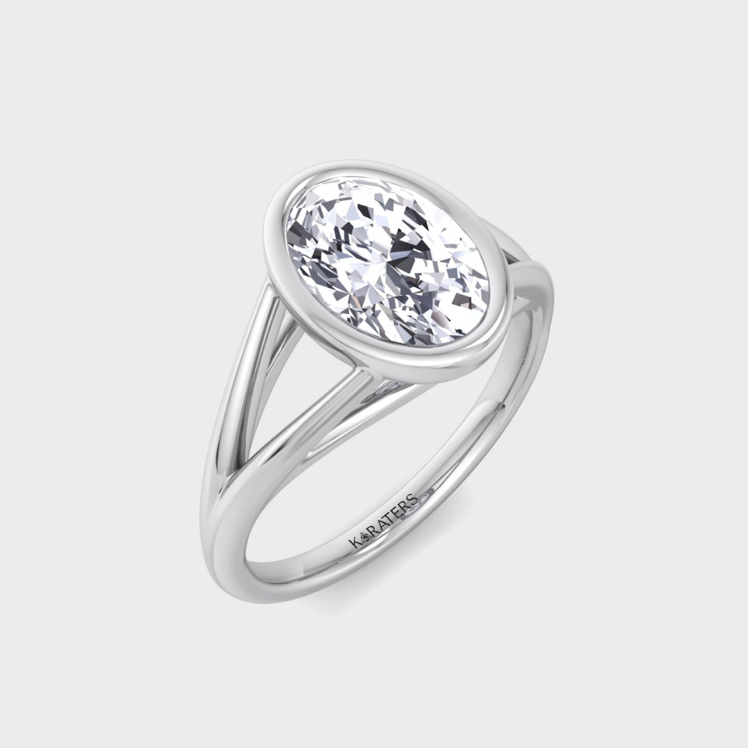 Bezel Set Oval Shape Lab-Grown Diamond Split Shank Engagement Ring 14K 18K Platinum
