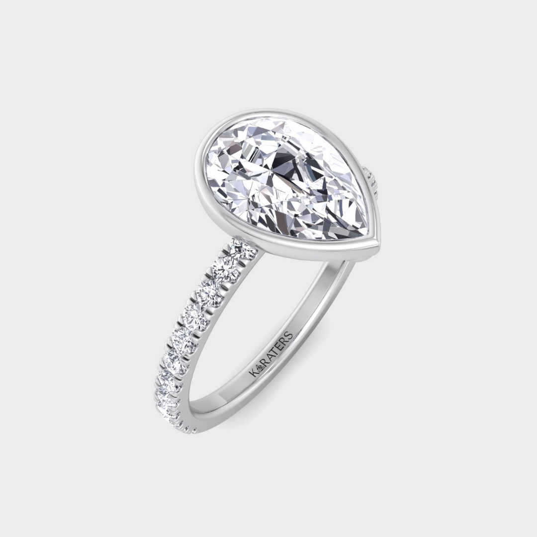 Bezel Set Pear Shape Lab Grown Diamond Engagement Ring With Pave Band
