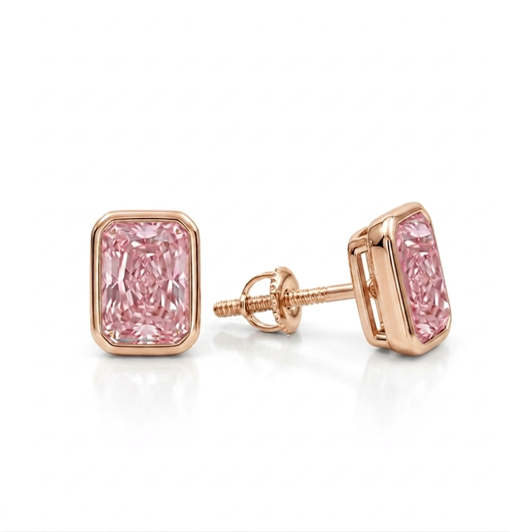 Bezel Set Fancy Pink Radiant Cut Lab Grown Diamond Studs RG