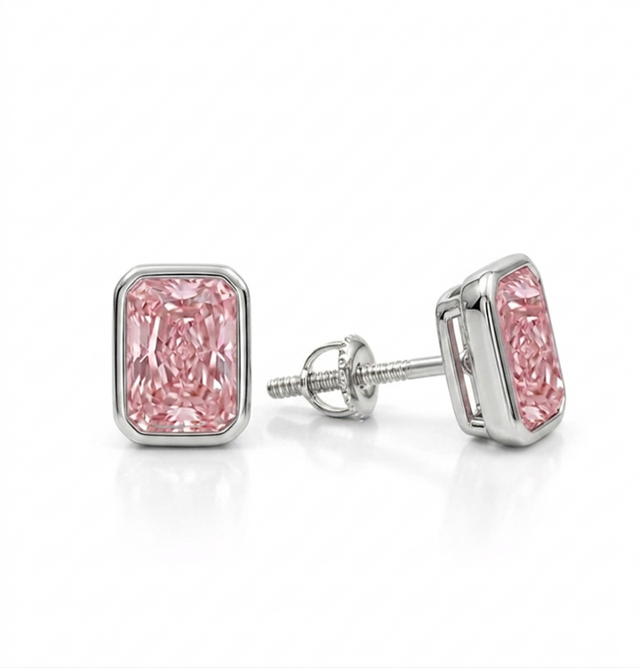 Bezel Set Fancy Pink Radiant Cut Lab Grown Diamond Studs WG 2