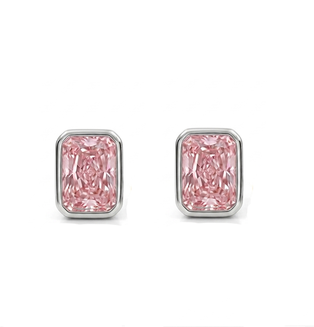 Bezel Set Fancy Pink Radiant Cut Lab Grown Diamond Studs WG 3