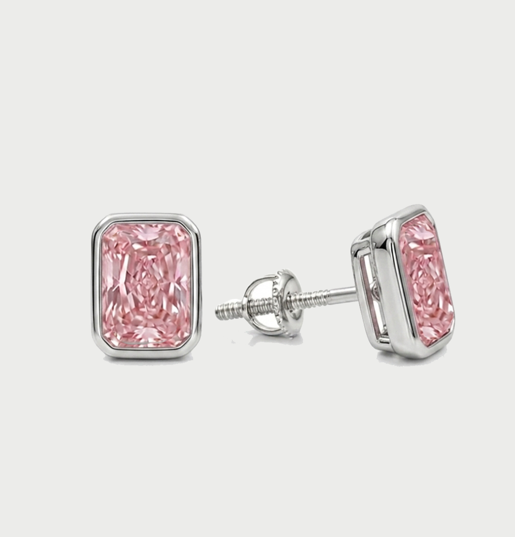 Bezel Set Fancy Pink Radiant Cut Lab Grown Diamond Studs