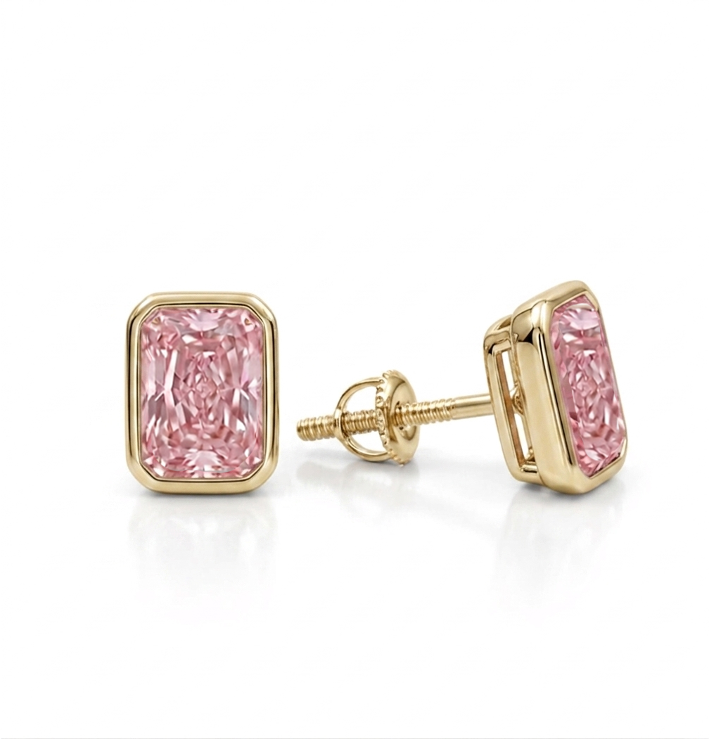 Bezel Set Fancy Pink Radiant Cut Lab Grown Diamond Studs YG 2
