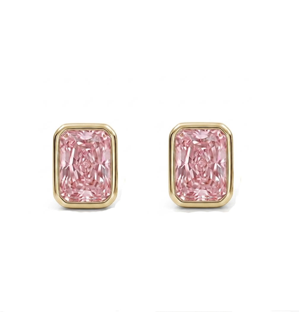 Bezel Set Fancy Pink Radiant Cut Lab Grown Diamond Studs YG 