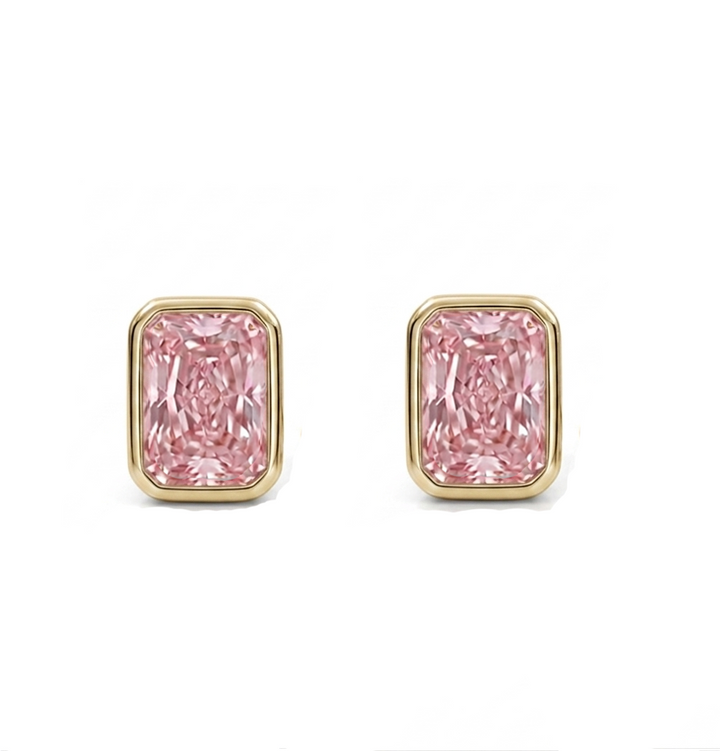 Bezel Set Fancy Pink Radiant Cut Lab Grown Diamond Studs YG 