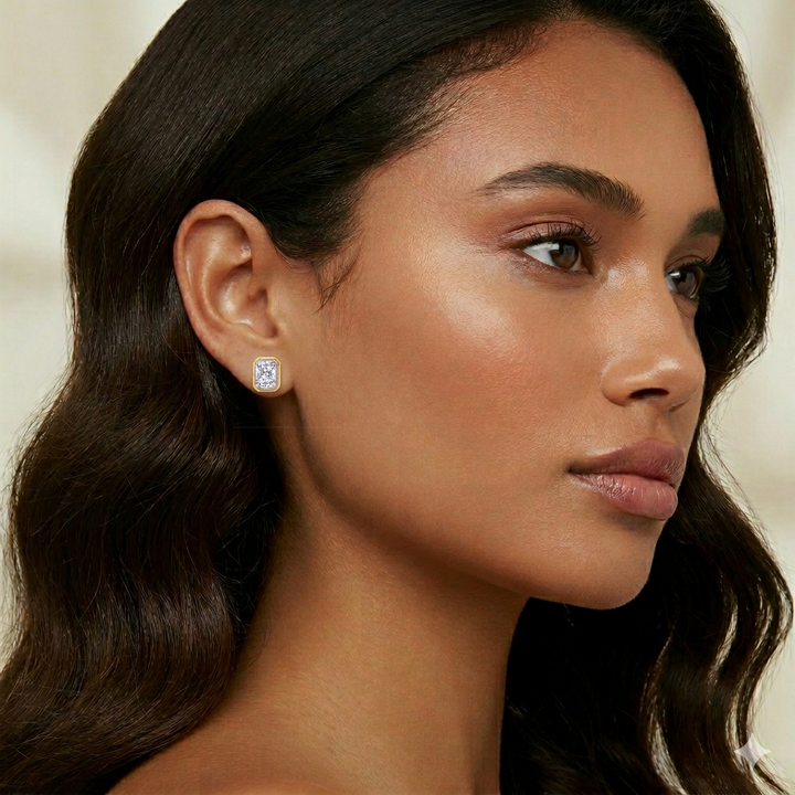 Bezel Set Radiant Cut Lab Grown Diamond Studs YG lifestyle