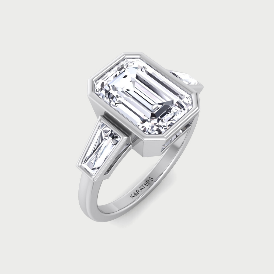 Bezel Set Emerald Lab Grown Diamond Engagement Ring with Tapered Baguette Sidestones Platinum