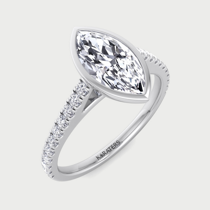Bezel Set Marquise Shape Lab Grown Diamond Engagement Ring With Cathedral Style Pave Band