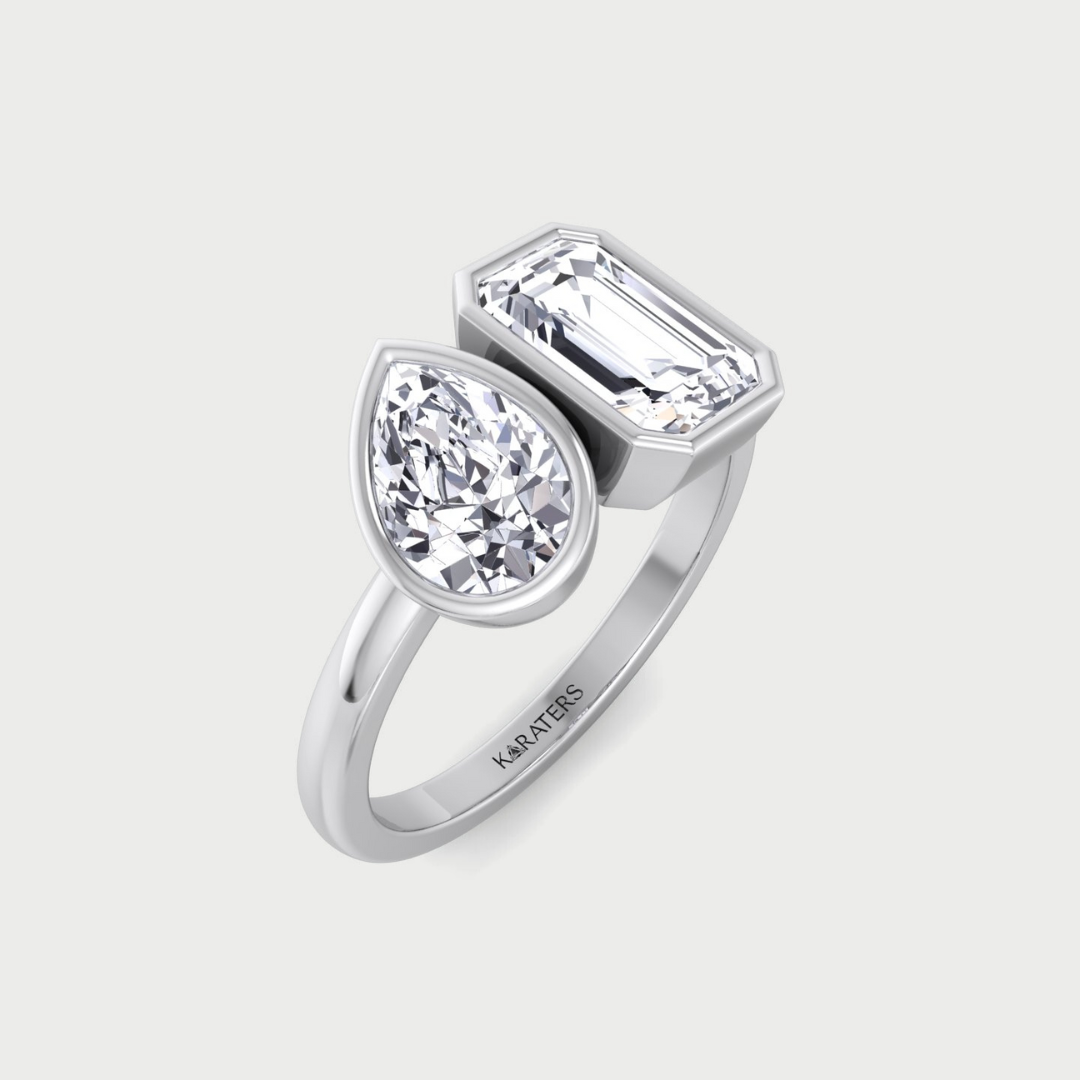 Bezel Set Emerald and Pear Shape Lab-Grown Diamond Toi Et Moi Ring 14K 18K Platinum