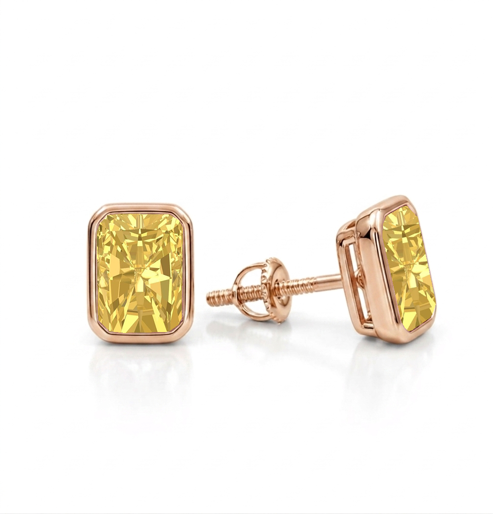 Bezel Set Fancy Yellow Radiant Cut Lab Grown Diamond Studs RG 