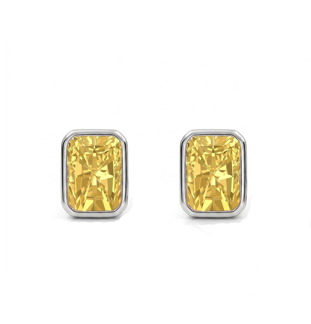 Bezel Set Fancy Yellow Radiant Cut Lab Grown Diamond Studs WG 2