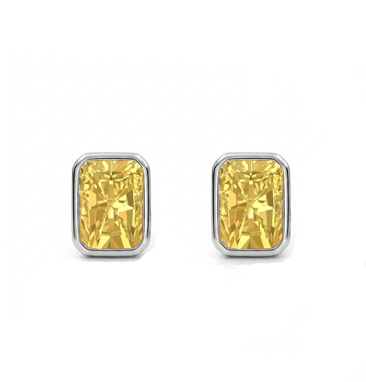 Bezel Set Fancy Yellow Radiant Cut Lab Grown Diamond Studs WG 2