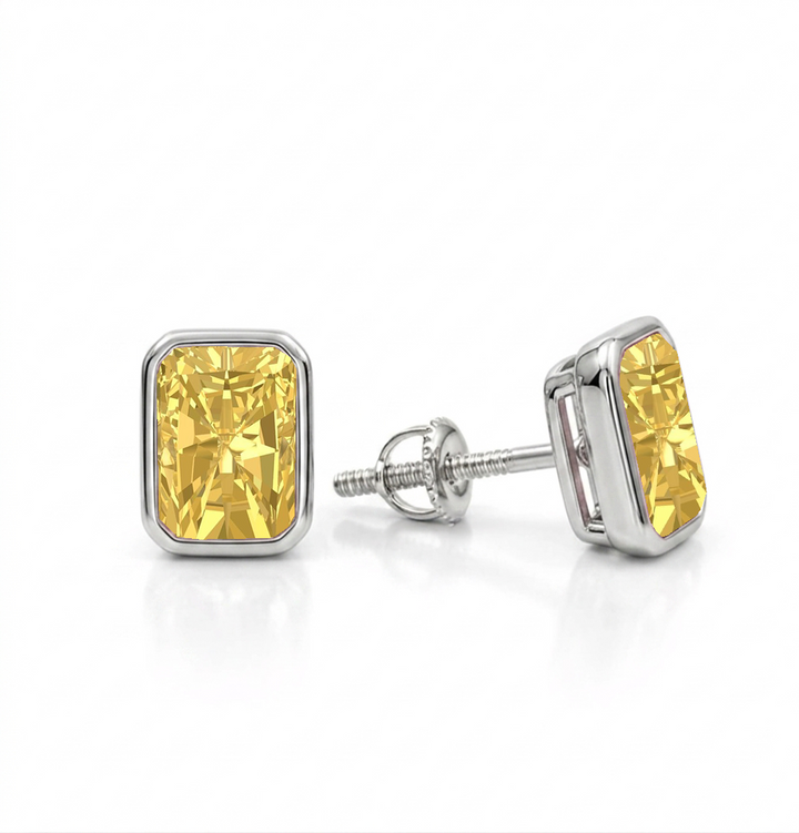 Bezel Set Fancy Yellow Radiant Cut Lab Grown Diamond Studs WG 