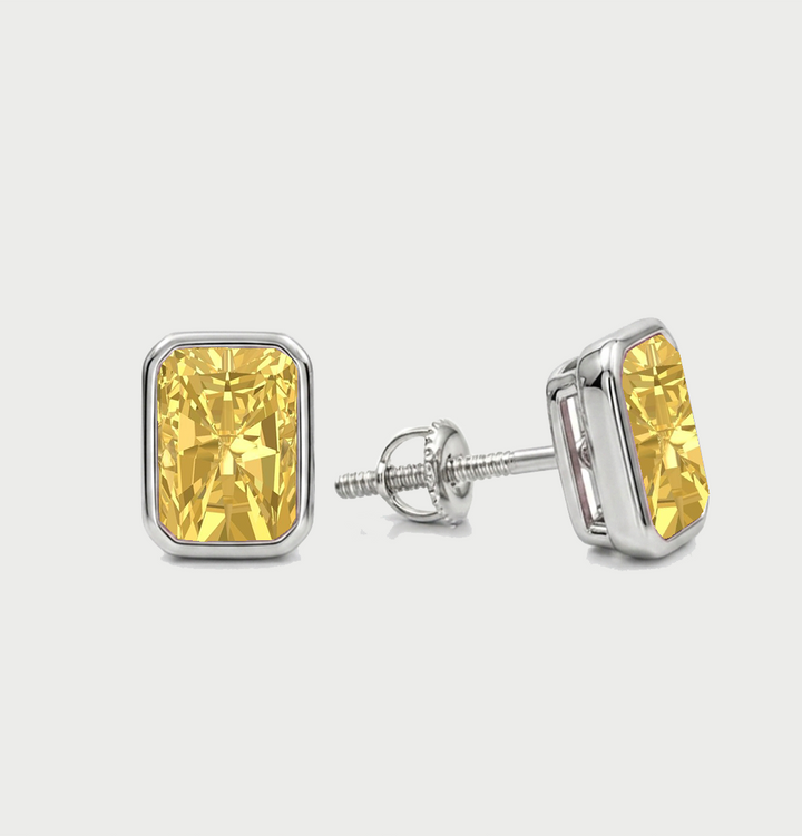 Bezel Set Fancy Yellow Radiant Cut Lab Grown Diamond Studs