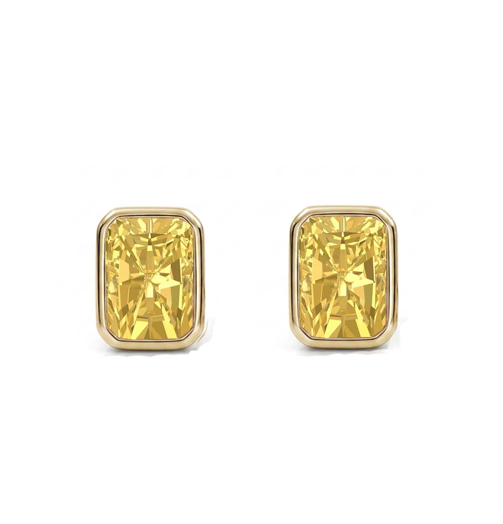 Bezel Set Fancy Yellow Radiant Cut Lab Grown Diamond Studs YG 2