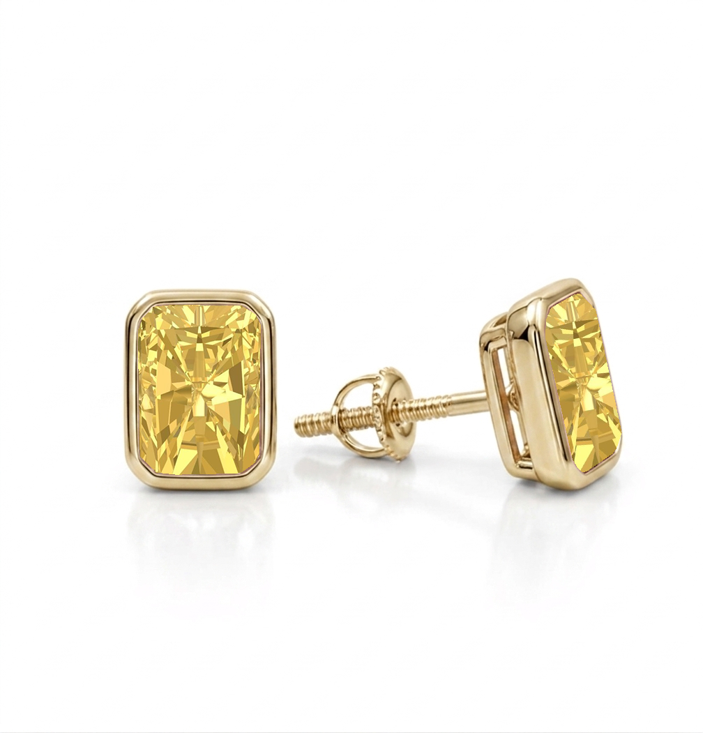 Bezel Set Fancy Yellow Radiant Cut Lab Grown Diamond Studs YG 