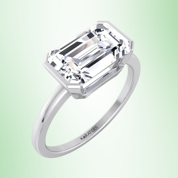 Bezel East West Emerald Solitaire Lab Diamond Engagement Ring