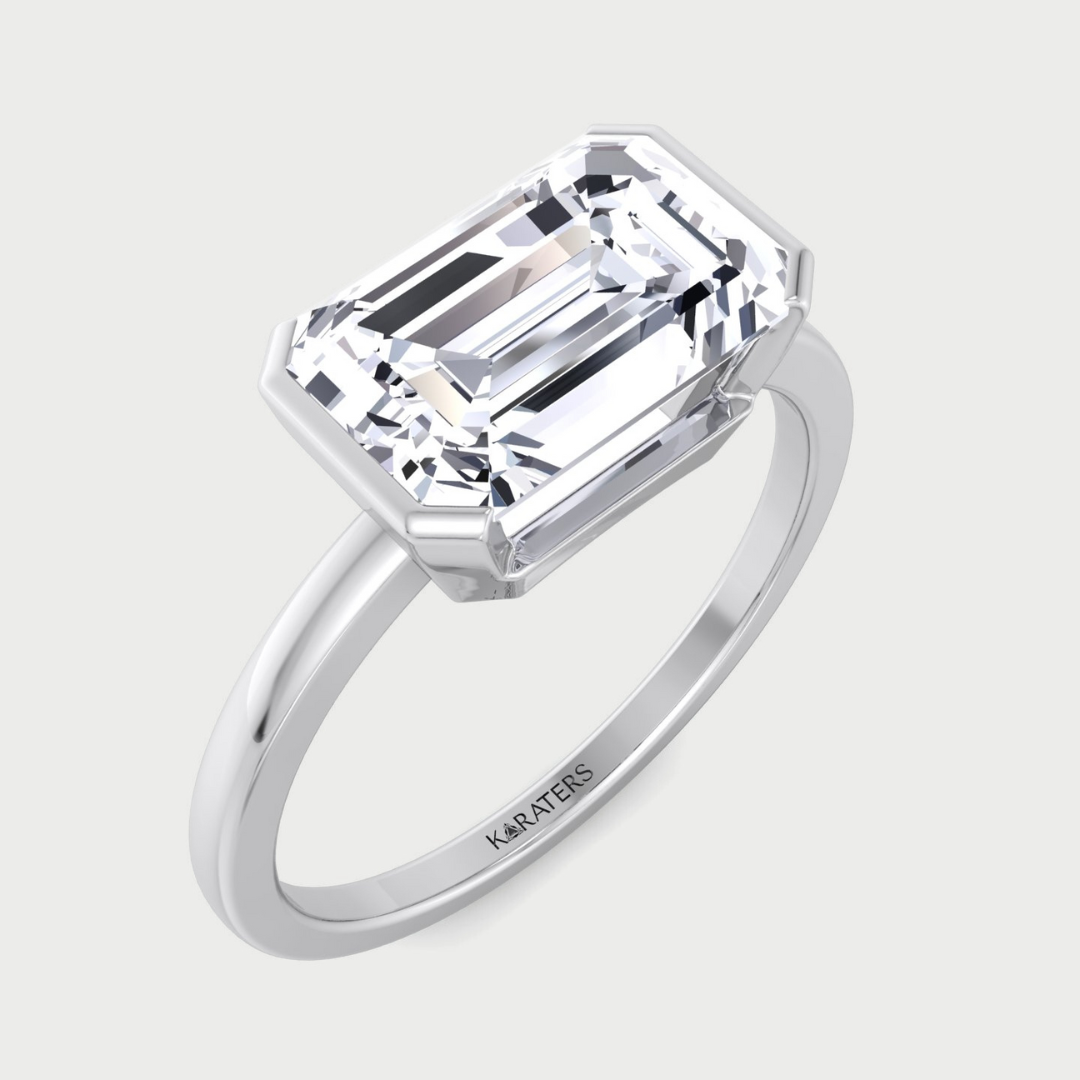Bezel East West Emerald Solitaire Lab Diamond Engagement Ring
