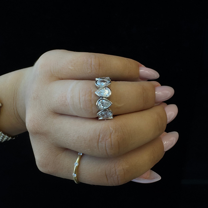 Bezel Set Pear Lab Yellow Gold Diamond Eternity Band, On Finger