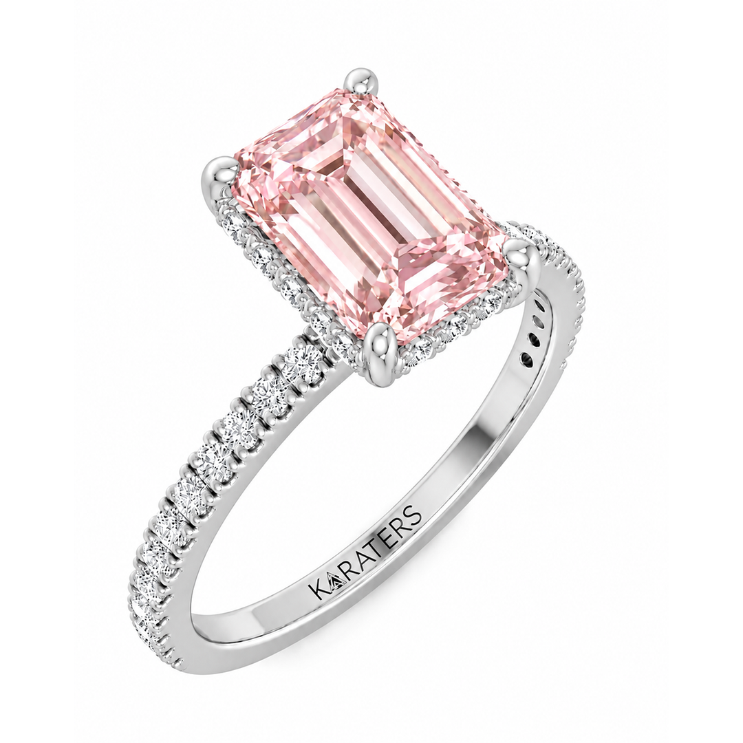 Fancy Pink Emerald Shape Lab-Grown Diamond Halo Pave Engagement Ring white