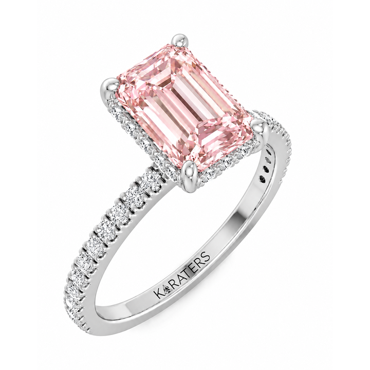 Fancy Pink Emerald Shape Lab-Grown Diamond Halo Pave Engagement Ring white