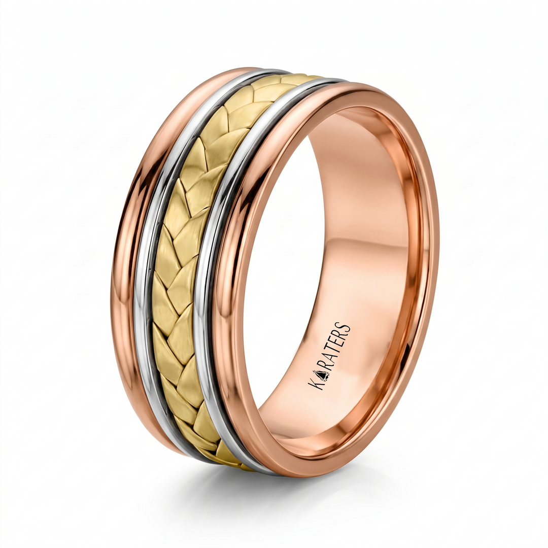 Two Tone Braided and Cable Men's Solid Gold Band RG