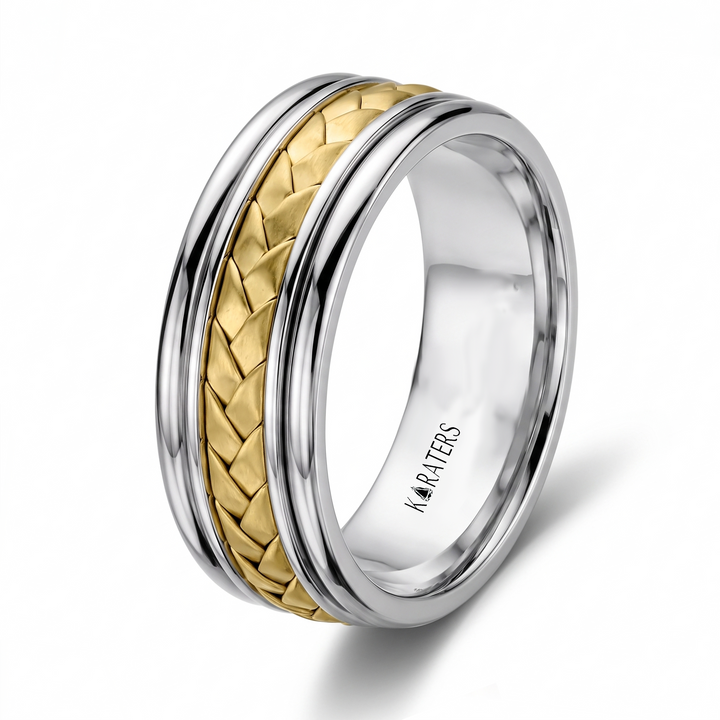 Two Tone Braided and Cable Men's Solid Gold Band WG 2