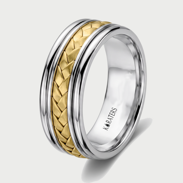 Two Tone Braided and Cable Men's Solid Gold Band