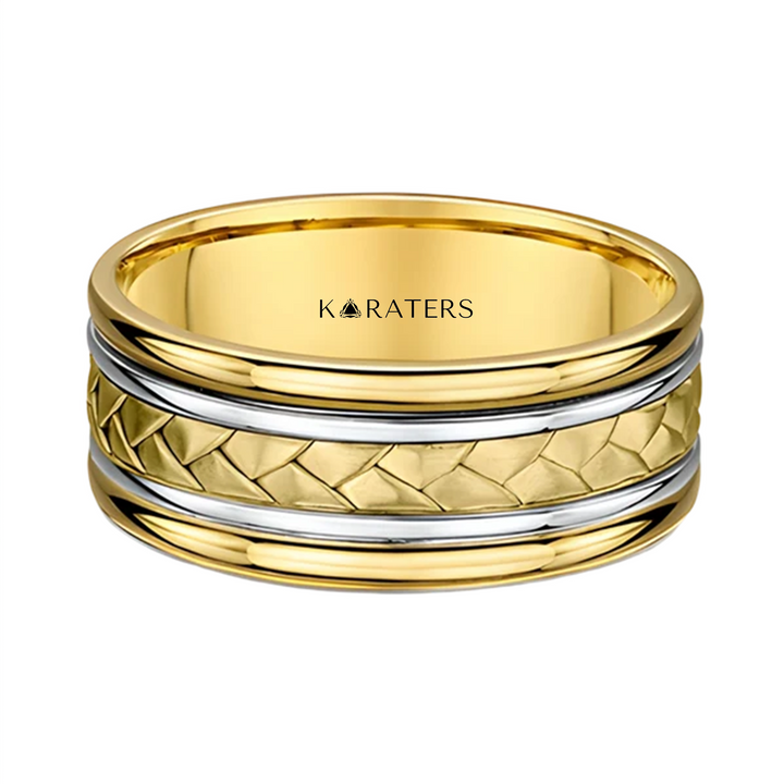 Two Tone Braided and Cable Men's Solid Gold Band YG 3