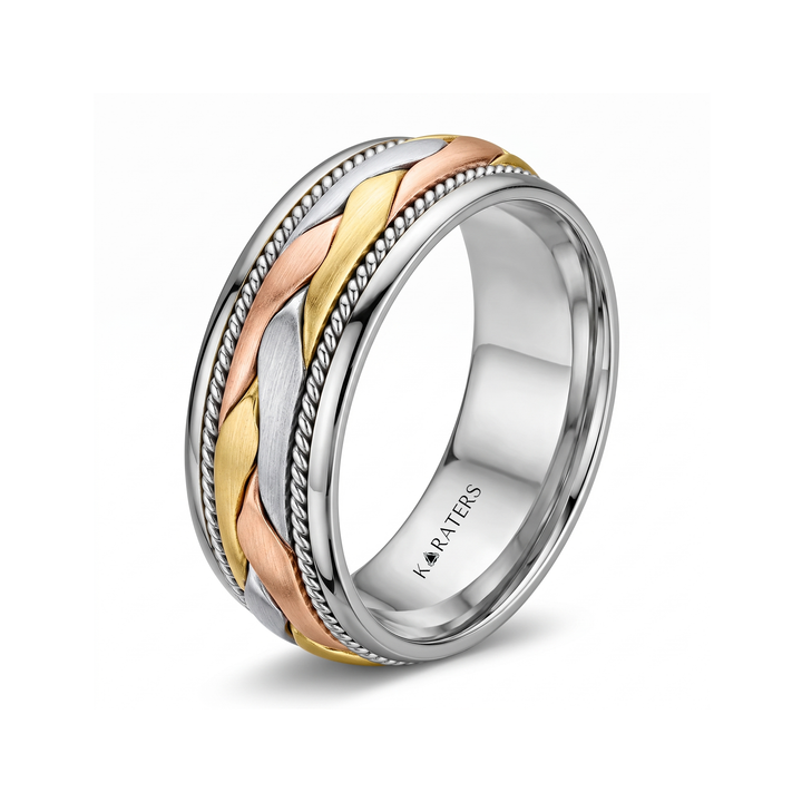 Tri Tone Braided Men's Solid Gold Band WG2
