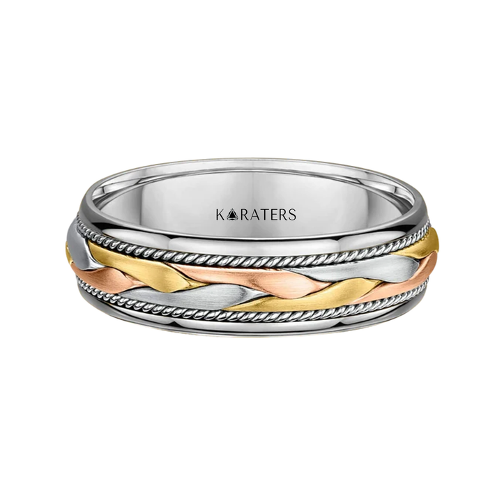 Tri Tone Braided Men's Solid Gold Band WG3