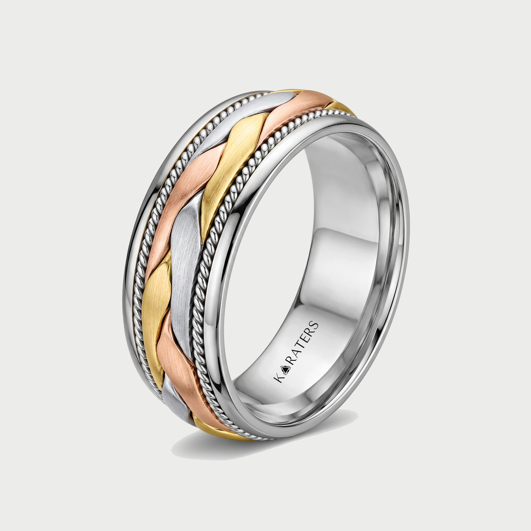 Tri Tone Braided Men's Solid Gold Band