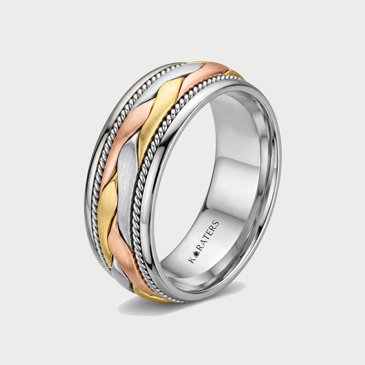 Tri Tone Braided Men's Solid Gold Band