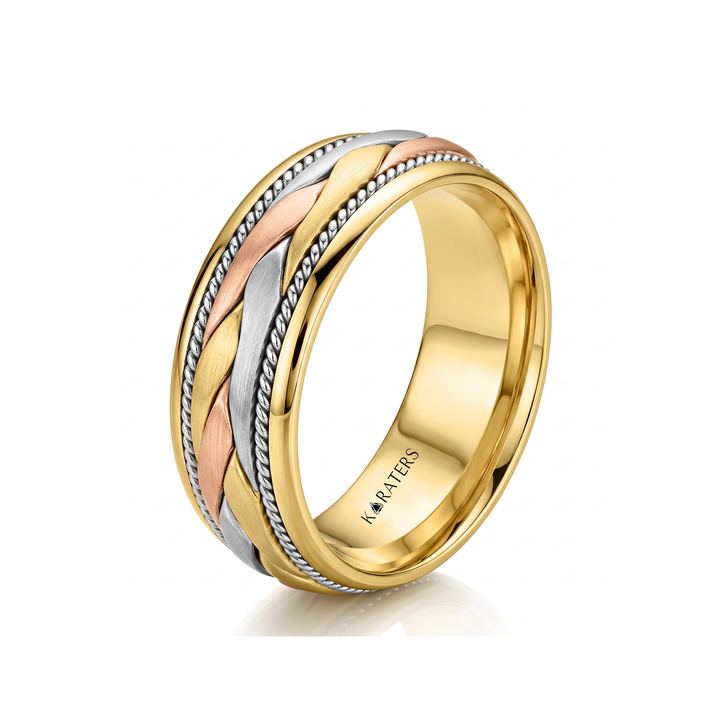 Tri Tone Braided Men's Solid Gold Band |YG2