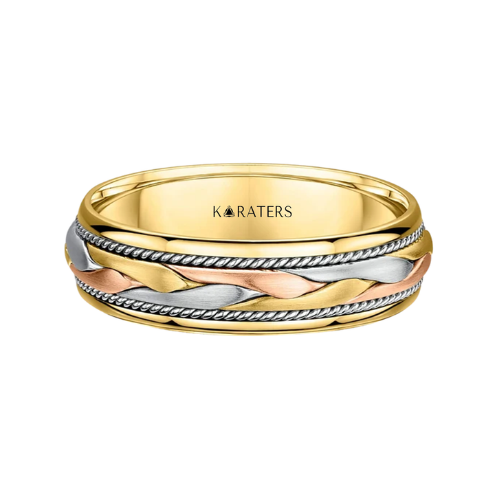 Tri Tone Braided Men's Solid Gold Band YG3